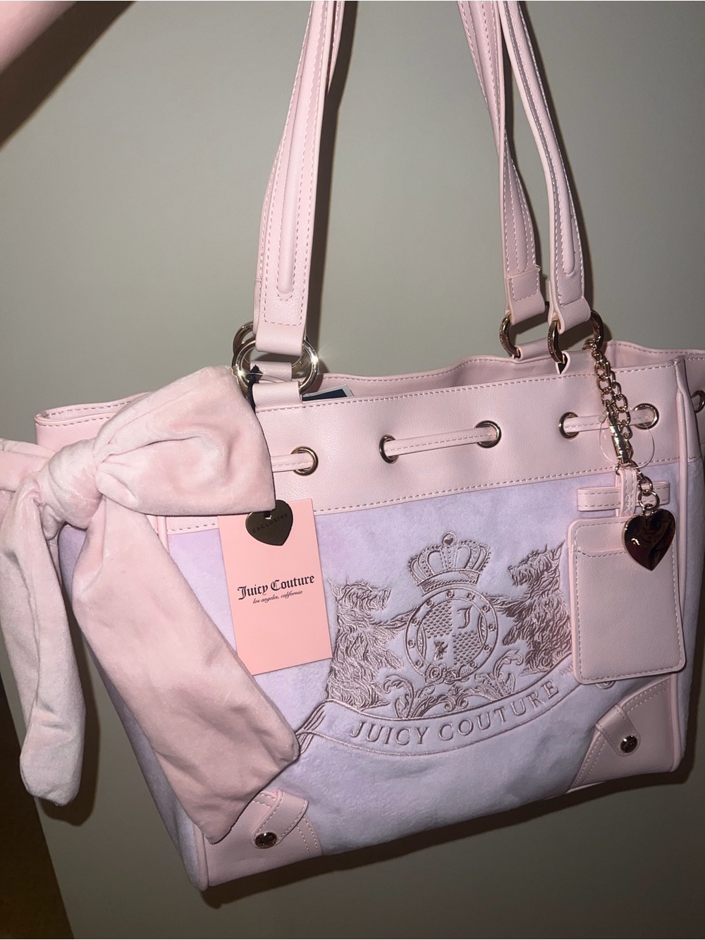 Juicy Couture Pastel Pink Crest Tote with Bow and Heart Charm
